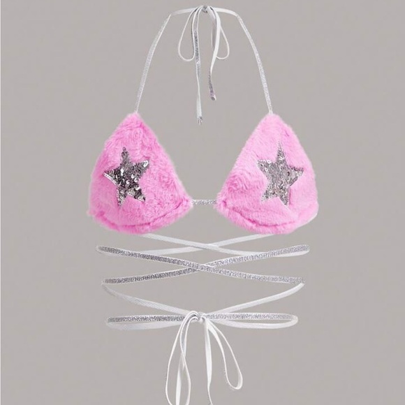 RARE!! SHEIN Rave Fuzzy Pink Faux Fur Bikini Top w Metallic Sequin Star M NWT! - Picture 6 of 10